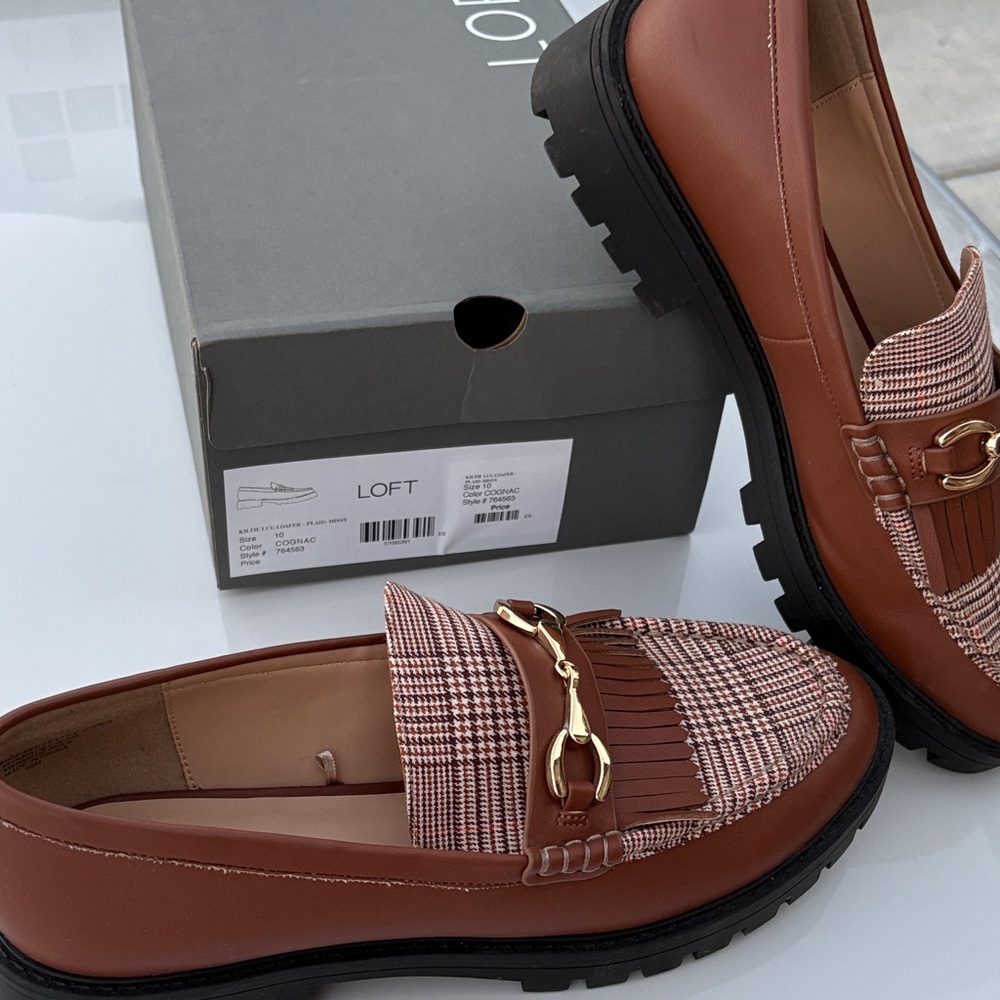 LOFT Tan and Brown Loafers with Gold Detail worn once